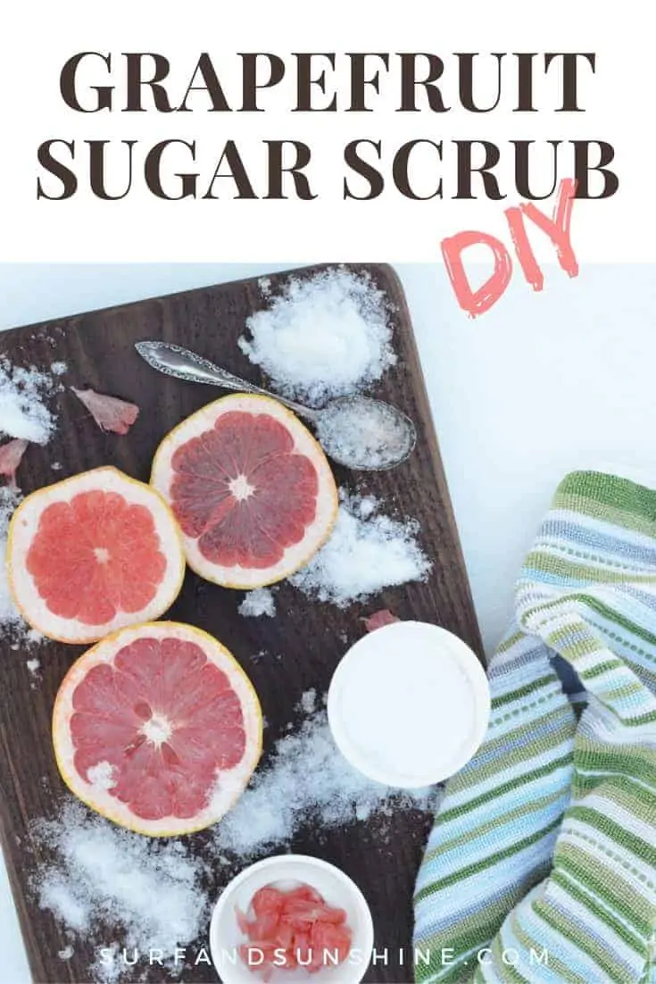 Hot weather beauty tips include DIY grapefruit sugar scrub with fresh grapefruit and sugar featured in the photo