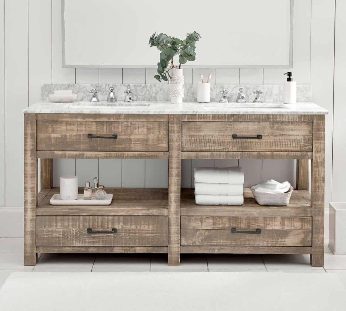 reclaimed wood double sink bathroom vanity beach cottage -  - Gorgeous Beach Cottage Bathroom Inspiration