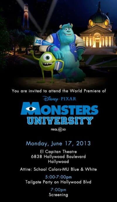 monsters university premiere invitation