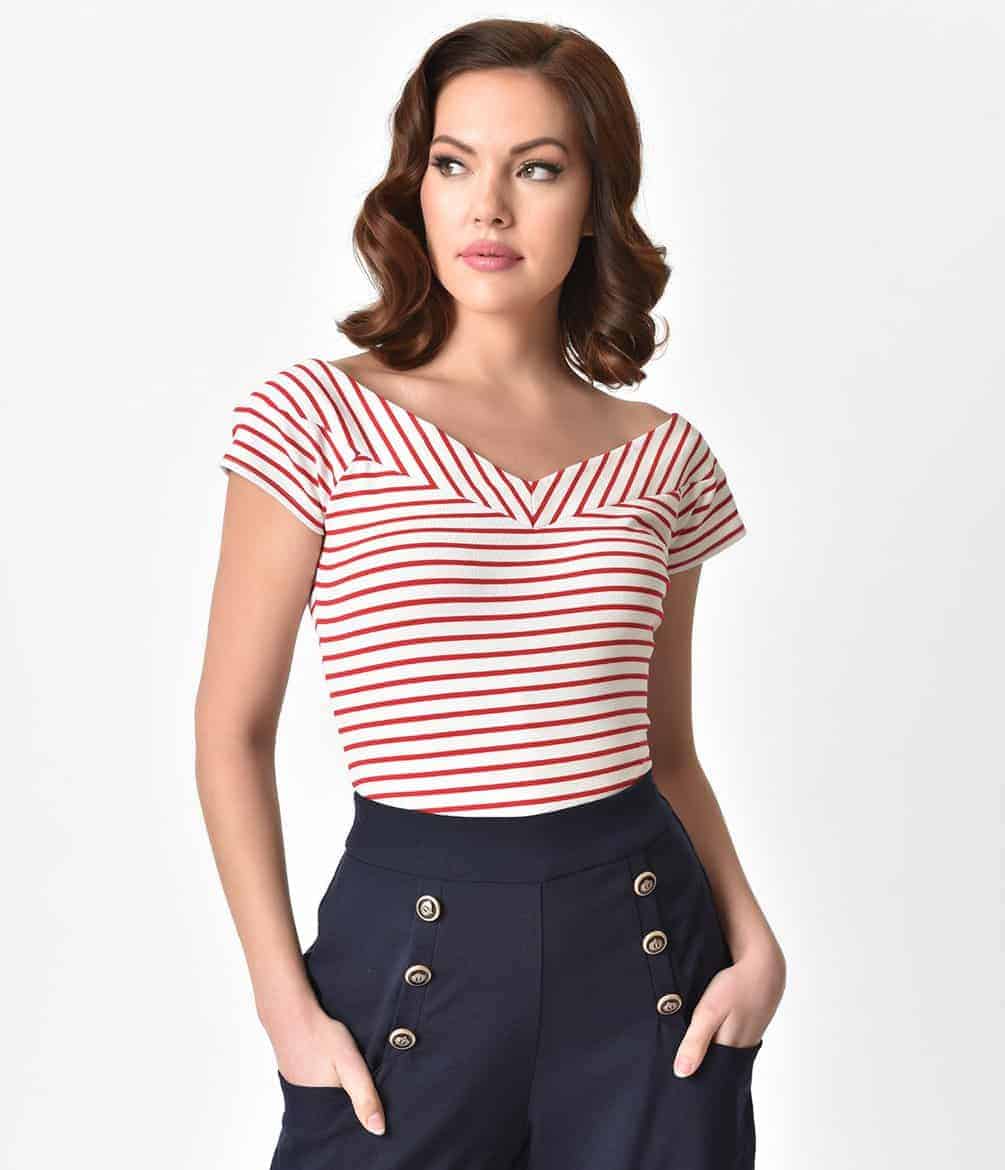 Unique Vintage 1950s Style Red & White Striped Stretch Knit Deena Top
