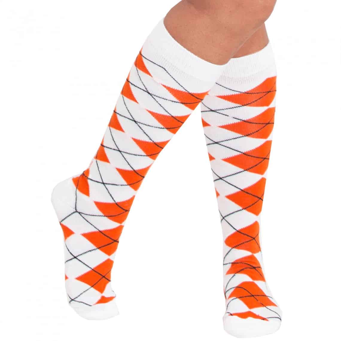 orange and white argyle socks