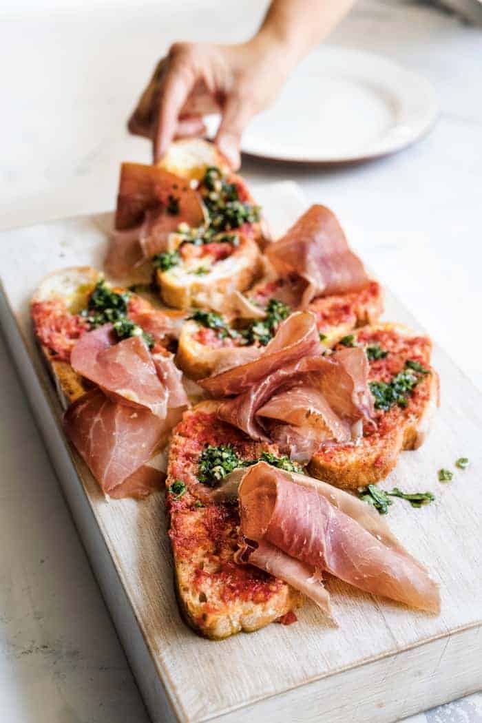 Tomato Bread with Serrano Ham and Parsley Pesto Recipe by Bobby Flay