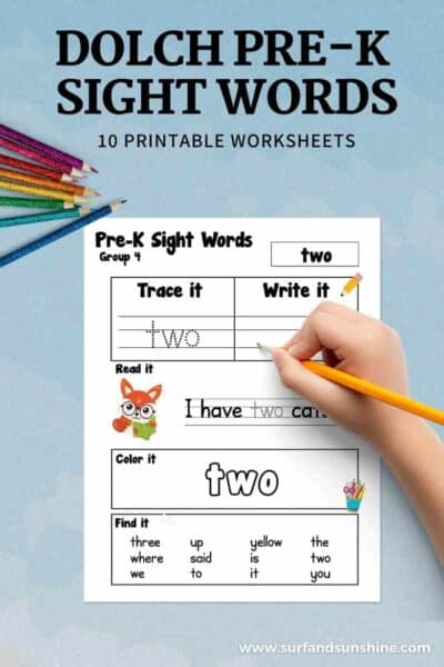 Dolch Sight Words Pre K Printable Worksheets