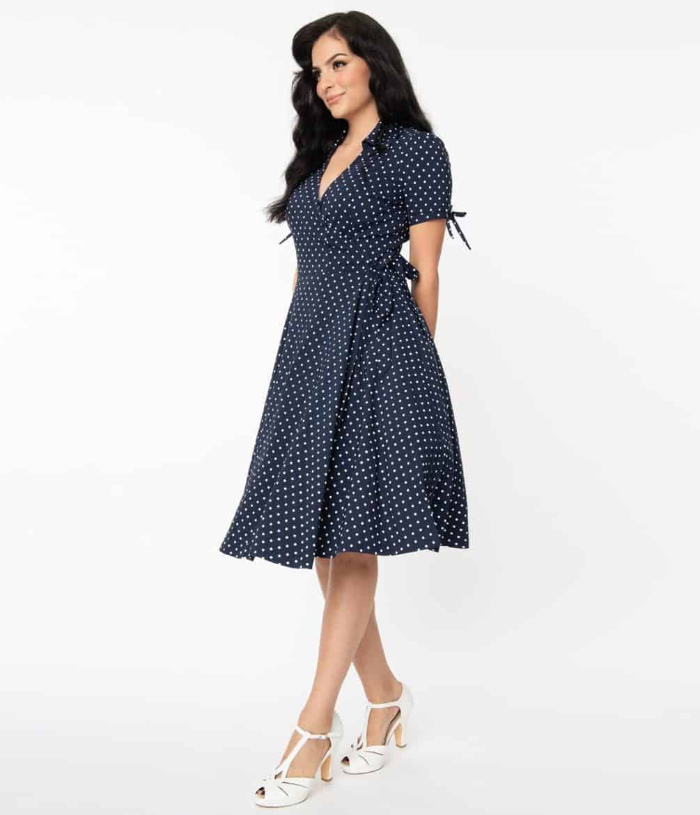 Unique Vintage Navy & White Pin Dot Bianca Wrap Dress