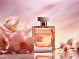 perfume bottle with pink flowers