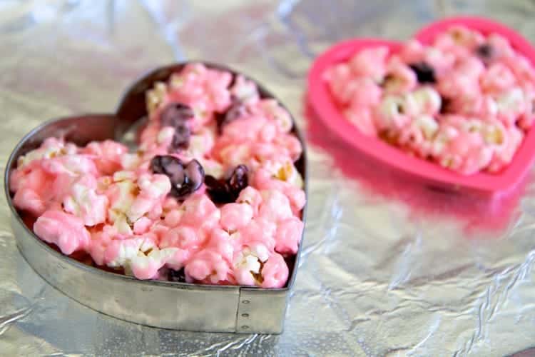 White chocolate marshmallow and cherry popcorn hearts recipe for